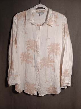 Calypso St Barth Linen Blend Palm Tree Print Top Women’s 1X White Tan
